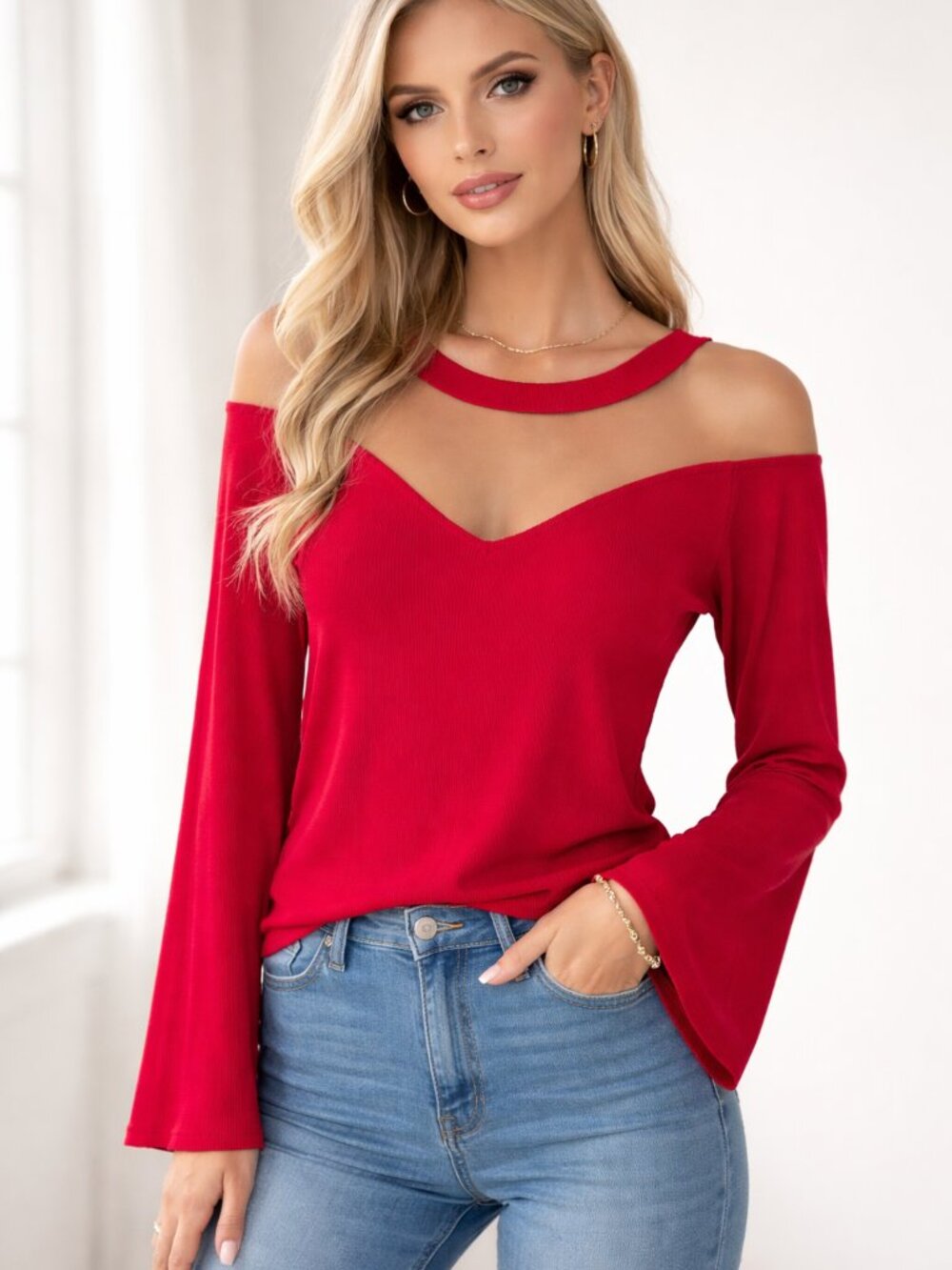 Lucy Paris Red Mesh Long Sleeve Top M